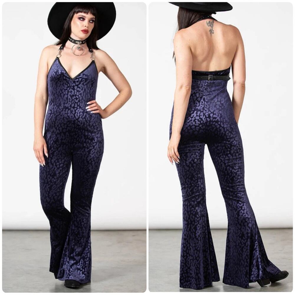 KILLSTAR Huntress Leopard Velvet Halter Catsuit Plum Purple Gothic Jumpsuit Sz M